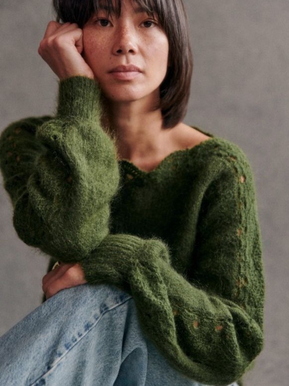 Sézane Stacy Jumper Women's Olive Green Fuzzy boatneck knit Sweater XXS - Picture 3 of 8